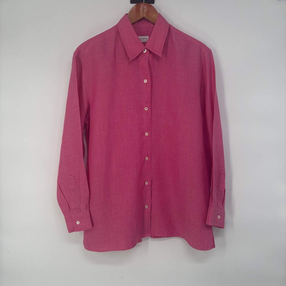 Liz Claiborne Lizsport Fuchsia Pink Linen Button Down Shirt Preppy Resort Beachy